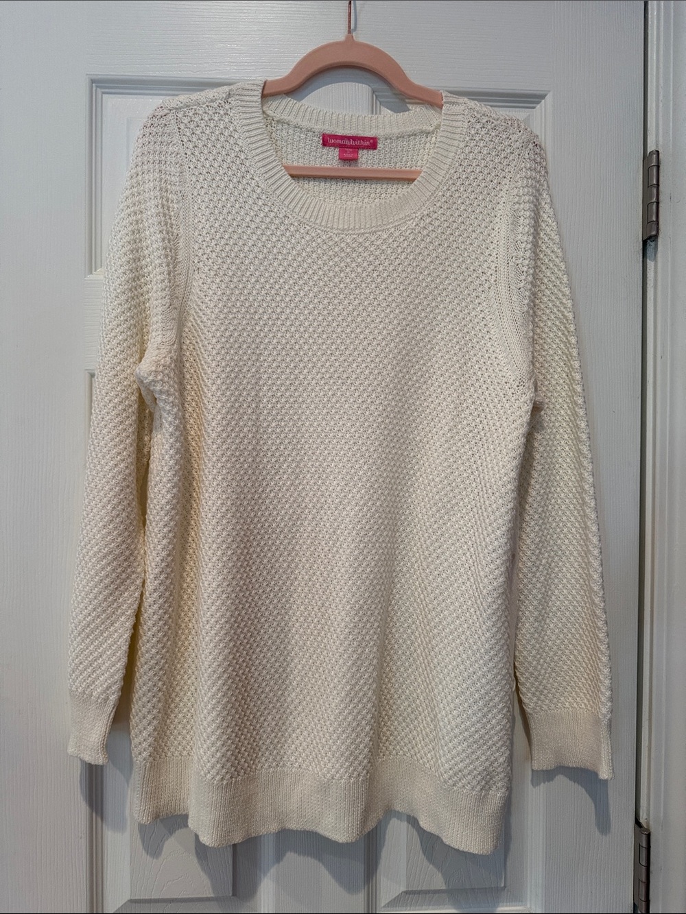 WOMAN WITHIN. Ivory Textured Crew Neck Sweater